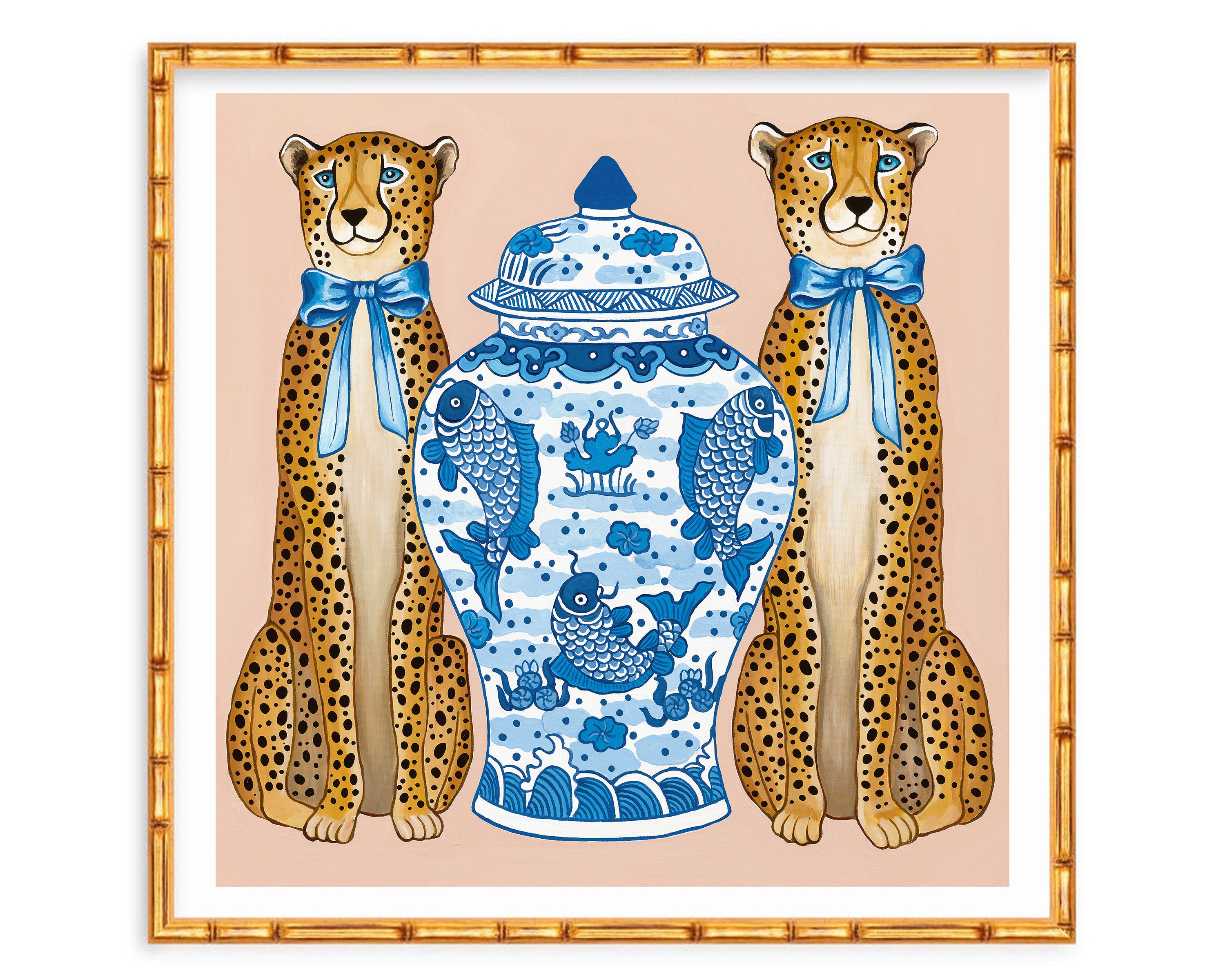 Art Print Preppy Chinoiserie Cheetahs with Blue and White Ginger Jar