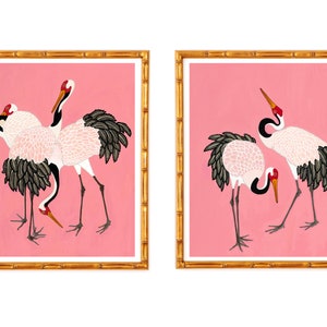 Two Art Prints Japanese Cranes on Pink