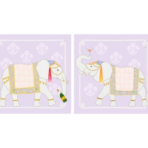 Art Print Chinoiserie Elephants with Champagne and Cocktail // Preppy // GrandMillennial // Bar Cart Art