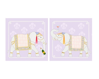 Art Print Chinoiserie Elephants with Champagne and Cocktail // Preppy // GrandMillennial // Bar Cart Art