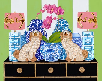 Art Print Staffordshire Dogs On Bamboo Console table with Orchids  Blue and White Ginger Jars and Cheetah Table lamps