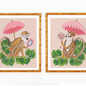 Two Art Prints Chinoiserie Monkeys with Pagoda Umbrella in Palm Beach