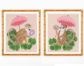 Two Art Prints Chinoiserie Monkeys with Pagoda Umbrella in Palm Beach