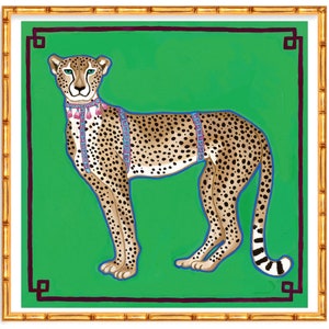 May include: A cheetah with a colourful beaded collar stands on a green background with a dark brown border. The cheetah is facing the viewer with its head turned slightly to the side. The cheetah's spots are black and the background is a vibrant green.