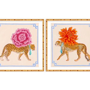 Two Art Prints Chinoiserie Cheetah and Leopard with Asian Peony and Chrysanthemum