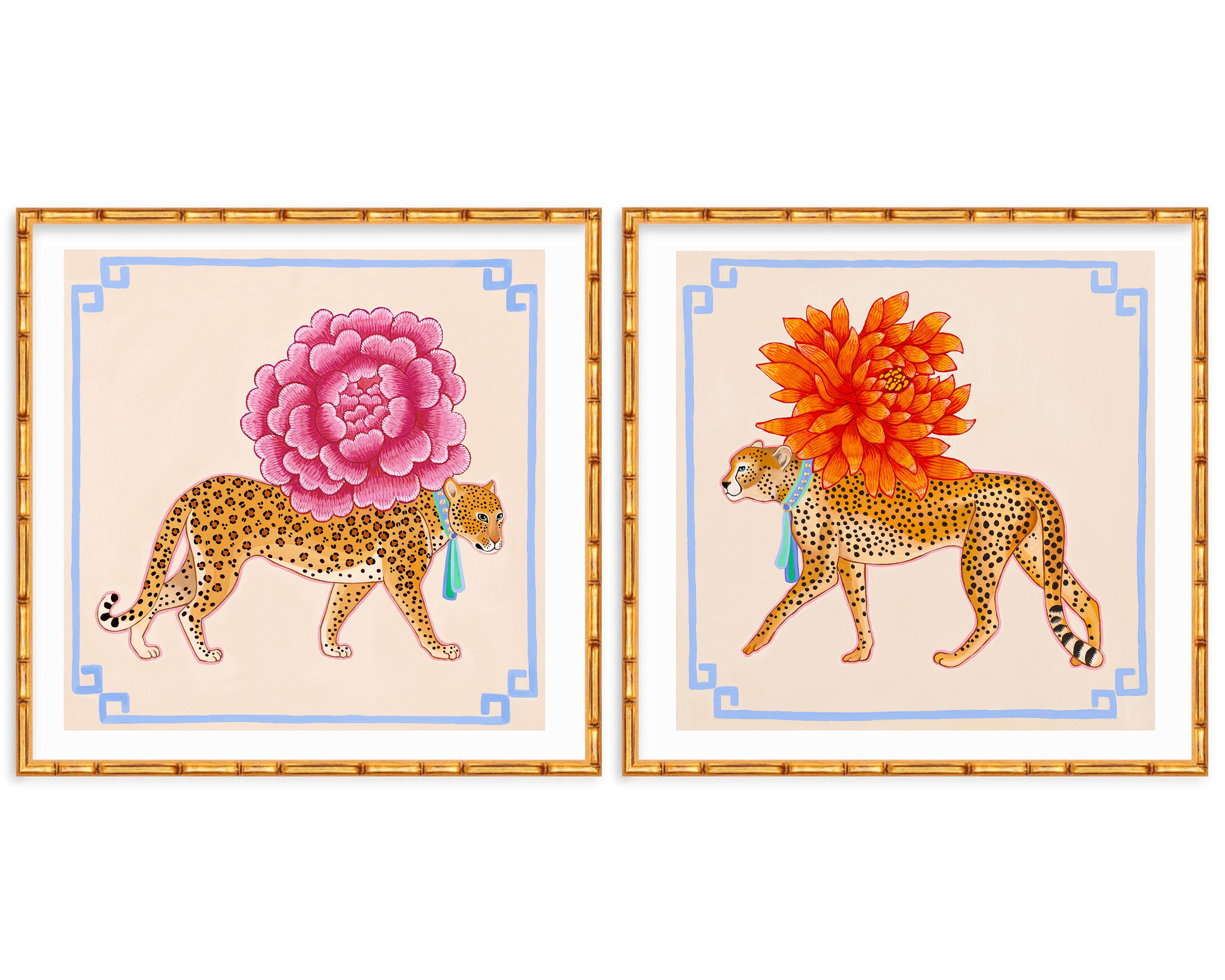Two Art Prints Chinoiserie Cheetah and Leopard with Asian Peony and Chrysanthemum
