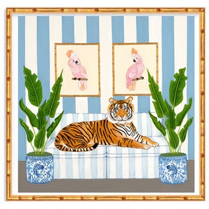Art Print Tiger in Chinoiserie Living room with Cockatoo, Ginger Jars and Potted Palms // grand millennial // Preppy