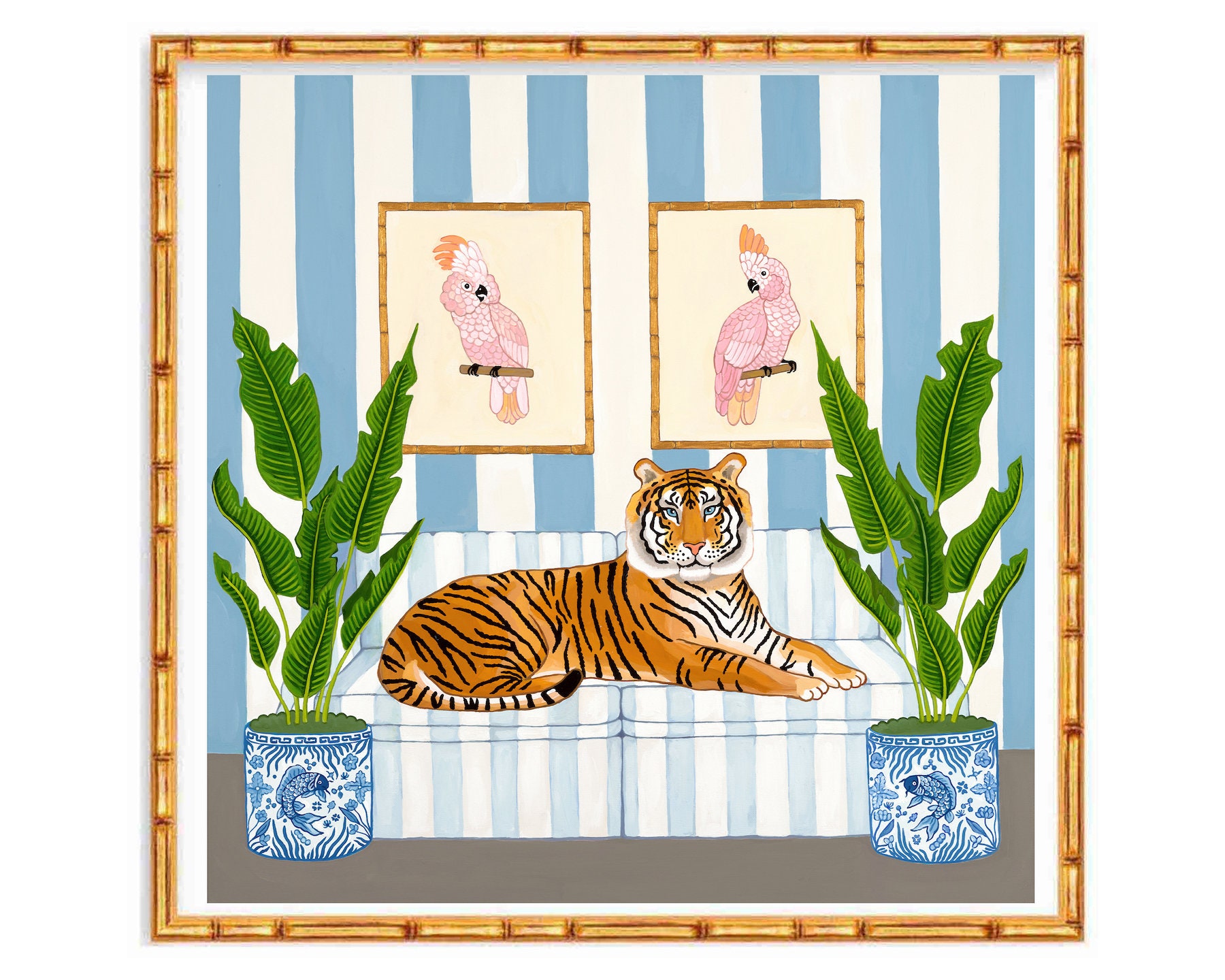 Art Print Tiger in Chinoiserie Living room with Cockatoo, Ginger Jars and Potted Palms // grand millennial // Preppy