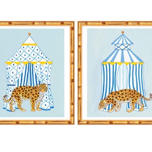 Two Art Prints Chinoiserie Leopards with Striped Cabanas