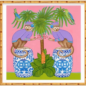 May include: Two purple-clad monkeys sit atop blue and white ginger jars, reaching for pink fruit on a palm tree with green leaves. Two green birds perch on the branches. The background is pink.