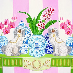 Art Print Staffordshire Dogs Chinoiserie with Orchids