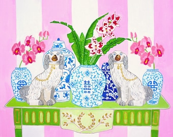 Art Print Staffordshire Dogs Chinoiserie with Orchids