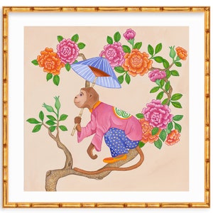 Art Print Chinoiserie Monkey with Umbrella, Peonies and Roses