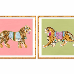 Two Art Prints Chinoiserie Ancient Tigers