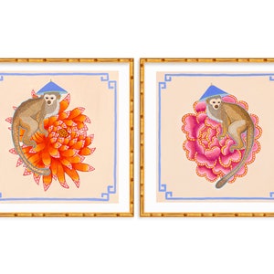 Two Art Prints Chinoiserie Monkey with Pagoda hat Asian Peony and Chrysanthemum