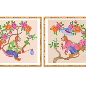 Two Art Prints Chinoiserie Monkeys with Peonies and Roses