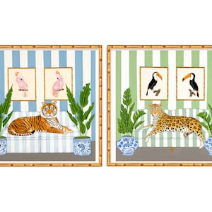 Two Art Prints Preppy Tiger and Leopard in Chinoiserie Interior with Cockatoo and Toucan