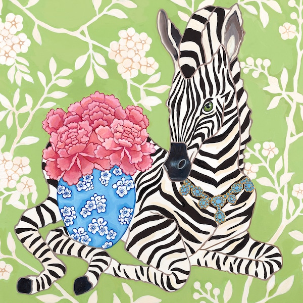 Art Print Preppy Zebra with Ginger Jar and Peonies on Chinoiserie Wallpaper