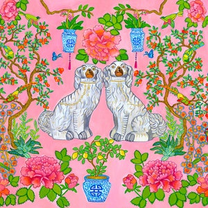 Art Print Staffordshire Dogs Chinoiserie in Pink