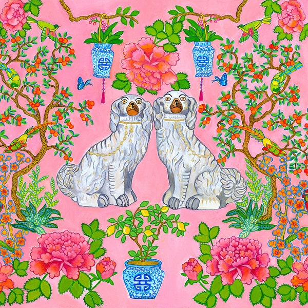 Art Print Staffordshire Dogs Chinoiserie in Pink