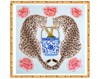 Art Print Chinoiserie Leopards with Asian Peonies and Blue and White Champagne Bucket