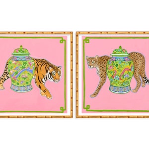 Two Art Prints Chinoiserie Cheetah And Tiger with  Dragon Ginger Jar