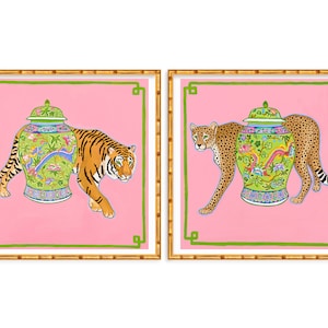 Two Art Prints Chinoiserie Cheetah And Tiger with  Dragon Ginger Jar