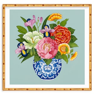 Chinoiserie Flowers Peonies Roses Chrysanthemum in Blue and White Ginger Jar on Blue