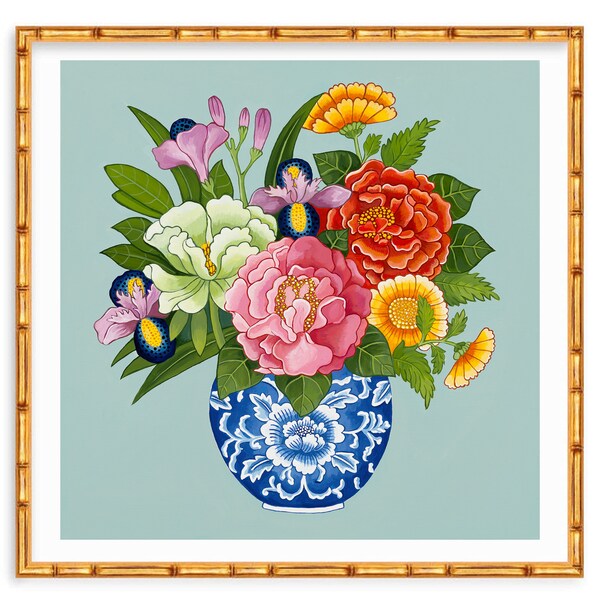 Chinoiserie Flowers Peonies Roses Chrysanthemum in Blue and White Ginger Jar on Blue