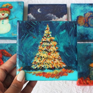 Mini Paintings Christmas Decor Resin painting Mini canvas art Christmas tree Tiny acrylic painting Handmade gifts Gift ideas image 1