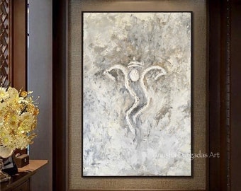 Handgeschilderde Ganesha-canvaskunst | Grijswit met structuur | Modern Indiaas decor | Niet ingelijst