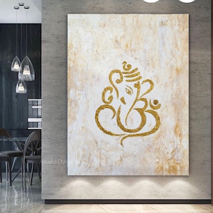 Getextureerd gouden Ganesha-schilderij | Abstracte Indiase muurkunst, decor hal afbeelding 1