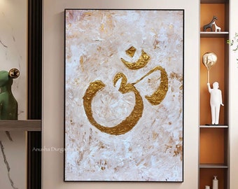 Golden Om Painting | Modern Indian Decor | OM wall art | Abstract painting | Minimalism | White Gold Textured art | OM symbol | Unframed