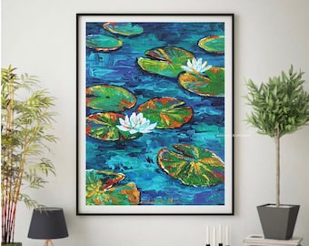 Impasto Water Lily Pond Painting | Acrylic Floral Art on Canvas