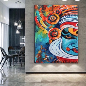 Large Kathakali Face Original Painting | Handmade Indian Art | Modern Kerala Wall Art | Traditional South Indian | Abstract Textured art