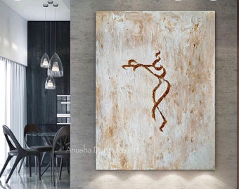 May include: Abstract painting with a brown figure on a white and beige background. The painting is framed and hanging on a wall in a modern home.