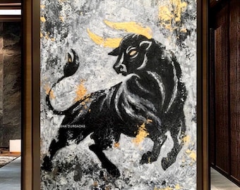 Textured Bull Painting | Black, White & Gold Acrylic Canvas Art