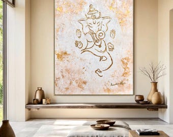踊るガネーシャの絵画 | 白と金の抽象画、質感のあるアートワーク