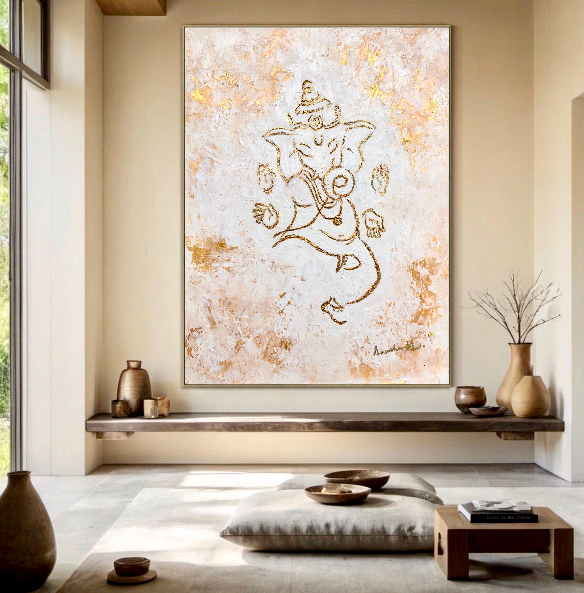踊るガネーシャの絵画 | 白と金の抽象画、質感のあるアートワーク