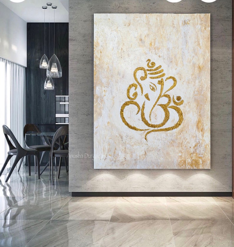Getextureerd gouden Ganesha-schilderij | Abstracte Indiase muurkunst, decor hal afbeelding 1