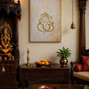 Getextureerd gouden Ganesha-schilderij | Abstracte Indiase muurkunst, decor hal afbeelding 5