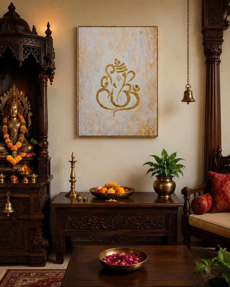 Getextureerd gouden Ganesha-schilderij | Abstracte Indiase muurkunst, decor hal afbeelding 5