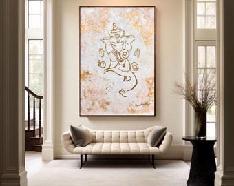 踊るガネーシャの絵画 | 白と金の抽象画、質感のあるアートワーク