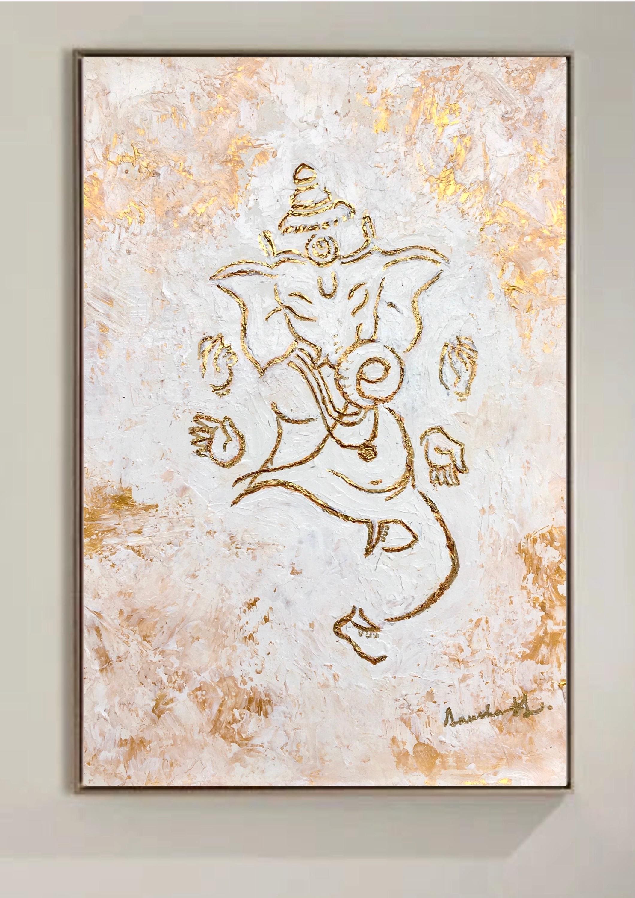 踊るガネーシャの絵画 | 白と金の抽象画、質感のあるアートワーク