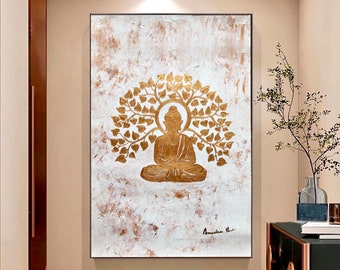 White & Gold Buddha with Bodhi Tree | Textured Spiritual Wall Art | Zen Meditation Decor | Handmade Peaceful Painting | Modern Sacred Home