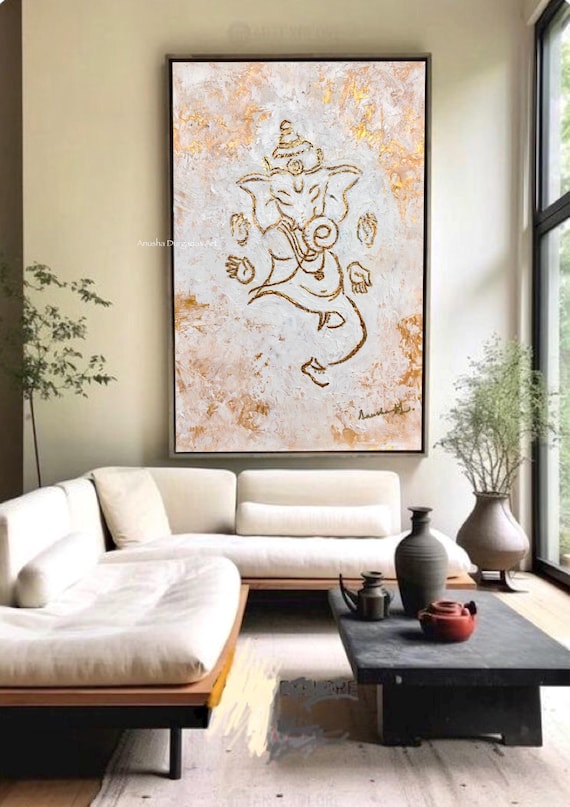 踊るガネーシャの絵画 | 白と金の抽象画、質感のあるアートワーク