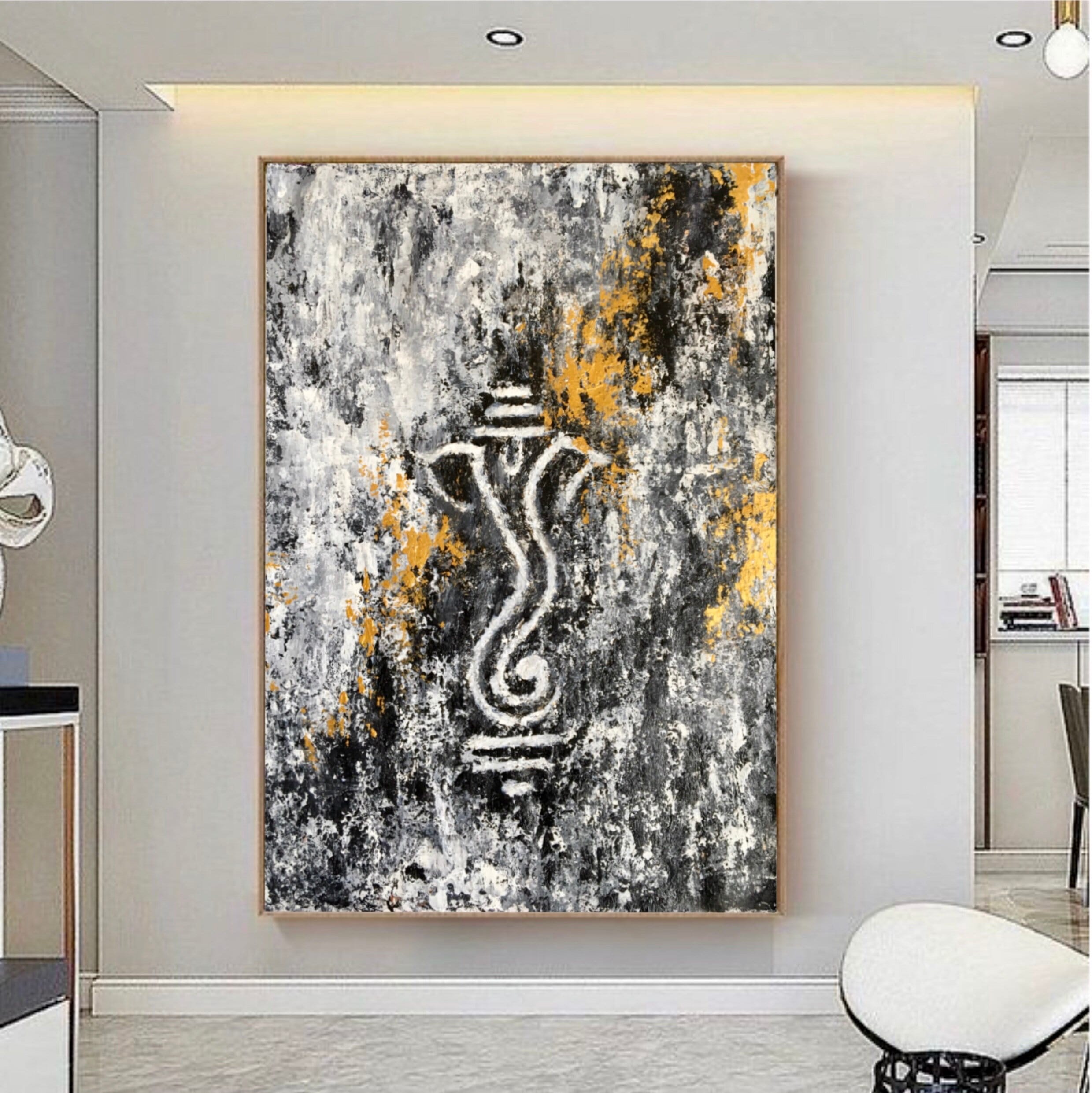 Lord Ganesha Painting White Grey Abstract Painting Indian Art Decor