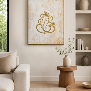 Getextureerd gouden Ganesha-schilderij | Abstracte Indiase muurkunst, decor hal afbeelding 8