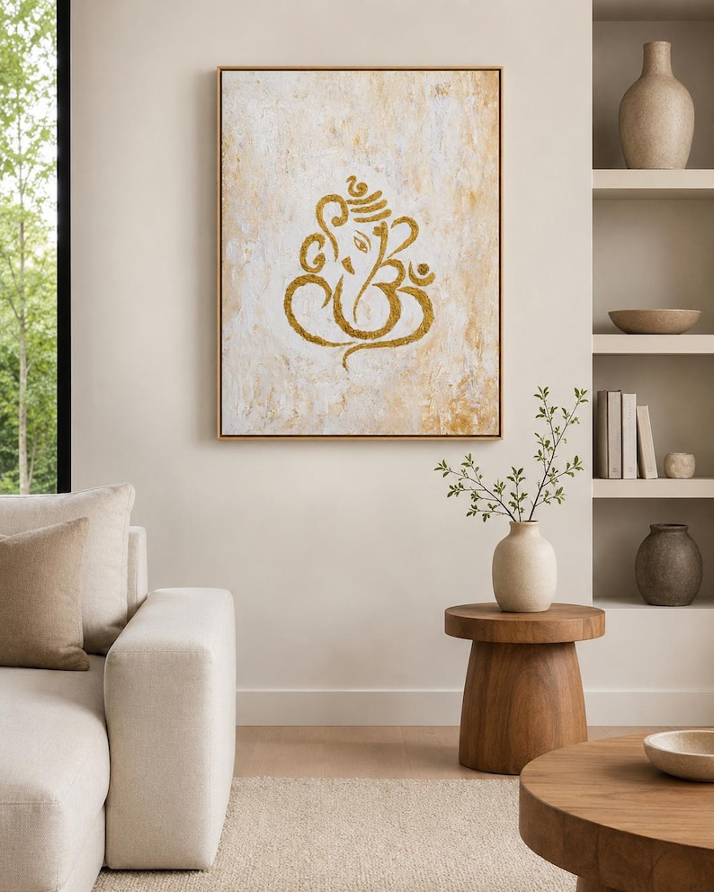 Getextureerd gouden Ganesha-schilderij | Abstracte Indiase muurkunst, decor hal afbeelding 8