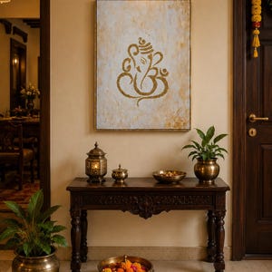 Getextureerd gouden Ganesha-schilderij | Abstracte Indiase muurkunst, decor hal afbeelding 7